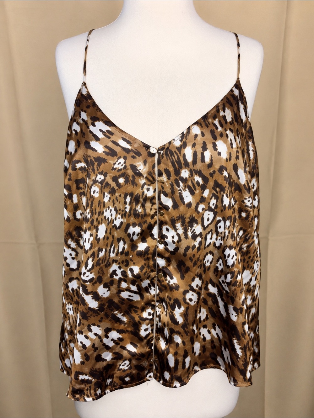 Lush Leopard Print Cami Tank Top Size‎ L Satin Button Front Animal Print